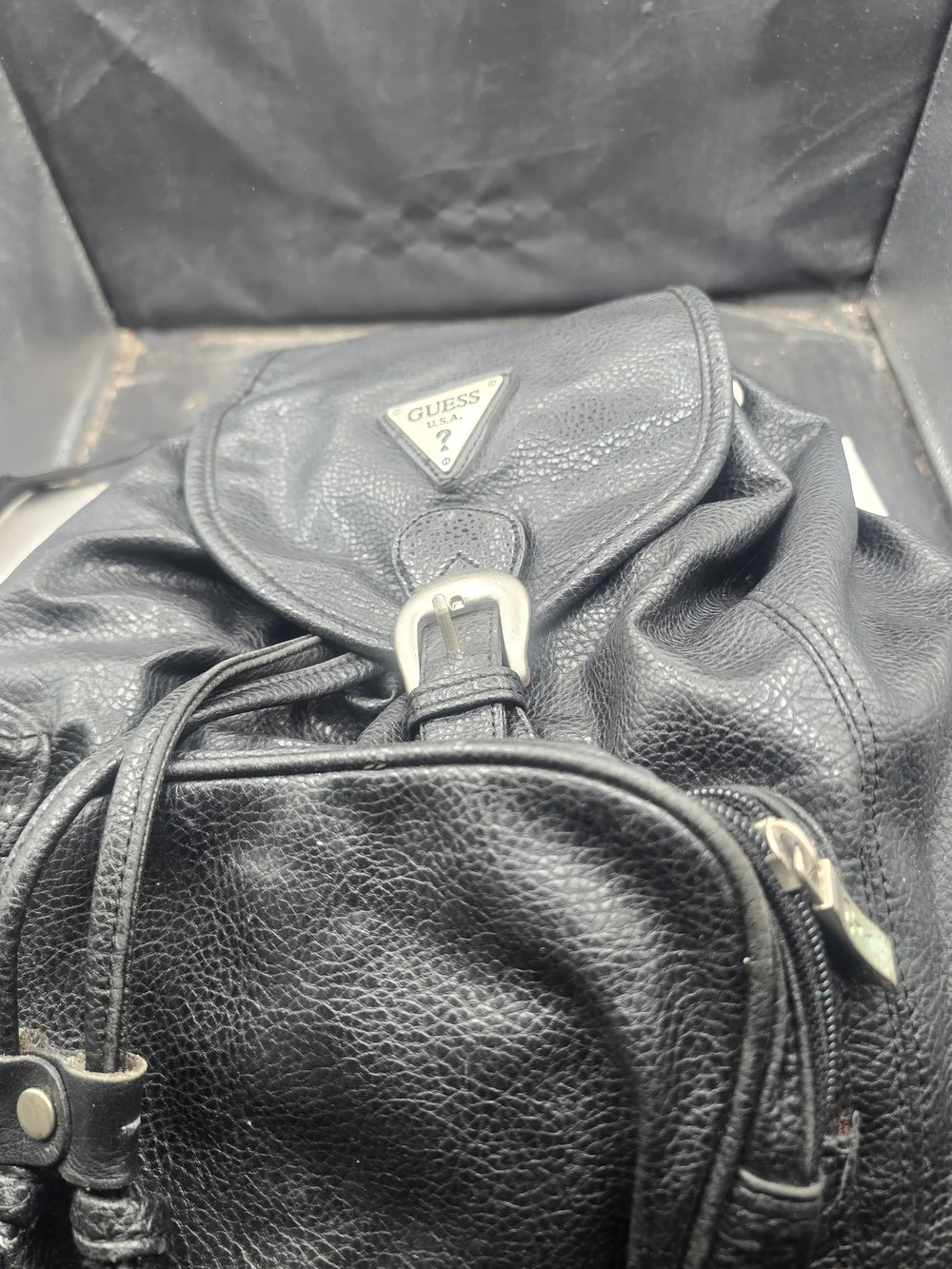 GUESS Black Leather Backpack - Textured Drawstring Rucksack